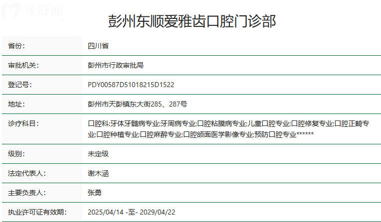 彭州東順愛(ài)雅齒口腔門(mén)診部衛(wèi)健委資質(zhì)