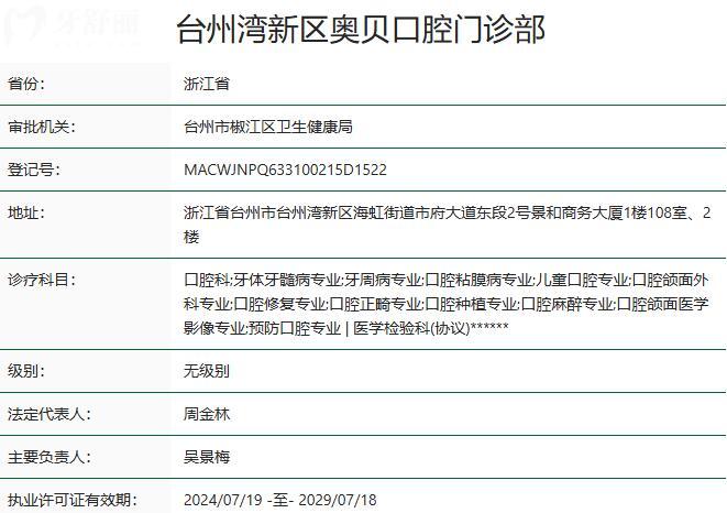 臺州灣新區(qū)奧貝口腔門診部資質